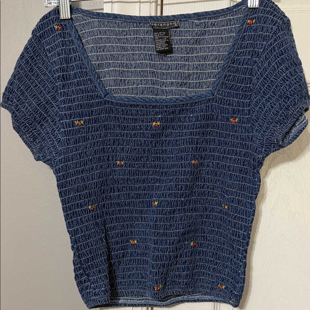 Deranged Women's Blue Textured Short Sleeve crop